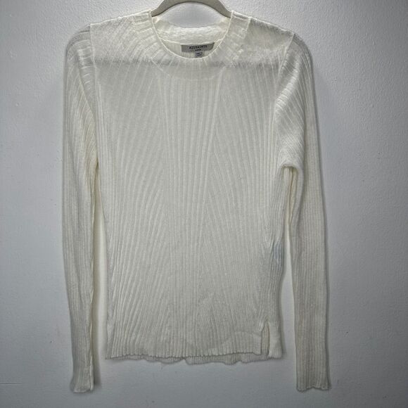 Allsaints Cream Ribbed Design Long Sleeve Round Neck Thin Light Sweater L - Picture 3 of 12